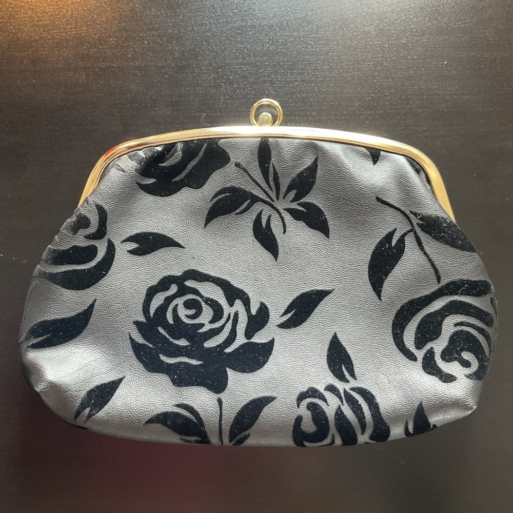 Vintage Italian Leather Rose Black Clutch Gold Frame Floral Evening Bag Chic